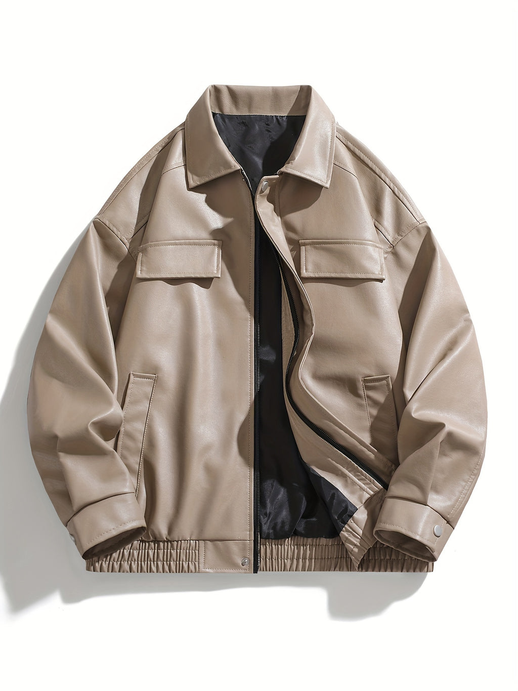 AWESOME BIRD Men's Retro PU Leather Jacket - Casual Street Style, Black Smooth Finish, Long Sleeve with Flap Pockets, Zip-Up Closure, Machine Washable, Polyester Blend